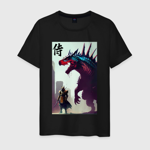 Мужская футболка хлопок с принтом Самурай против тираннозавра - нейросеть, вид спереди #2