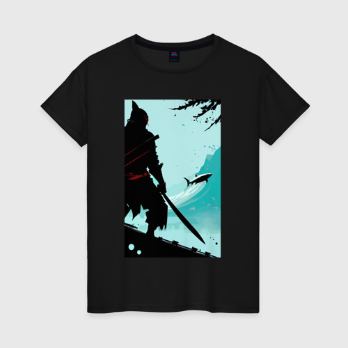 Женская футболка хлопок с принтом Самурай и акула, вид спереди #2