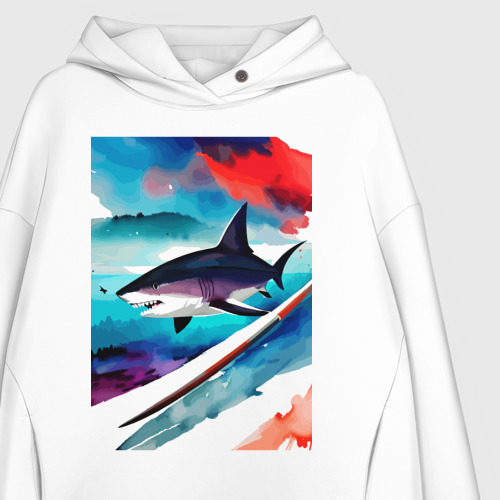 Женское худи Oversize хлопок Shark - watercolor - art, цвет белый - фото 3