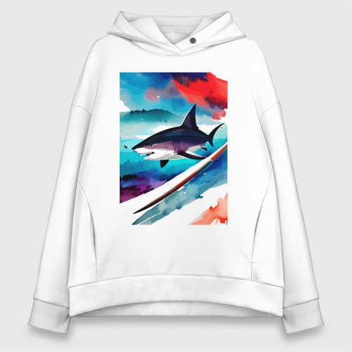 Женское худи Oversize хлопок Shark - watercolor - art, цвет белый