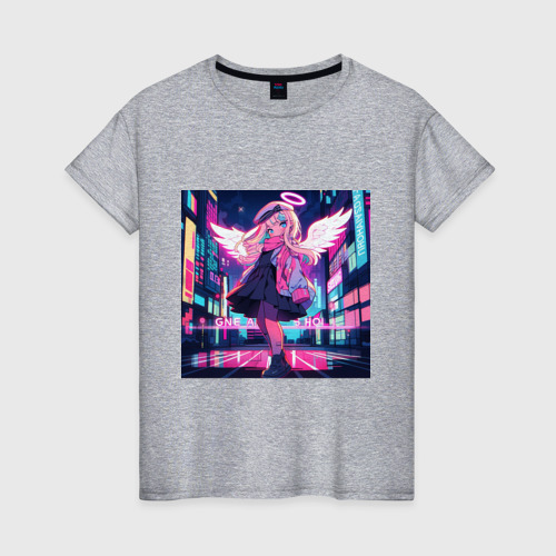 Женская футболка хлопок с принтом Милая аниме девочка-ангел на фоне неонового города, вид спереди #2