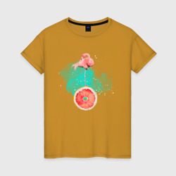 Фламинго и грейпфрут – Женская футболка хлопок с принтом купить со скидкой в -20%