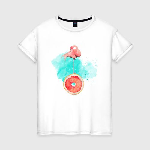 Женская футболка из хлопка с принтом Фламинго и грейпфрут, вид спереди №1
