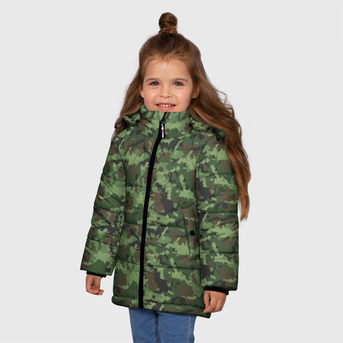 Зимняя куртка для девочек 3D с принтом Камуфляж зелёный, фото на моделе #1