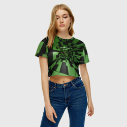 Женская футболка Crop-top 3D Чёрно-зелёный геометрический коридор - фото 2