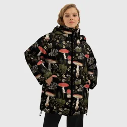 Женская зимняя куртка Oversize Мухоморы и яблоневые цветы - фото 2