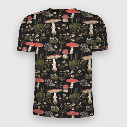Мужская футболка 3D Slim с принтом Мухоморы и яблоневые цветы, вид сзади #1