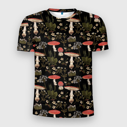 Мужская футболка 3D Slim с принтом Мухоморы и яблоневые цветы, вид спереди #2