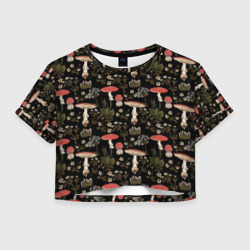 Женская футболка Crop-top 3D Мухоморы и яблоневые цветы