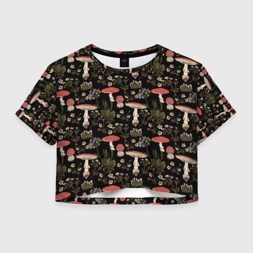 Женская футболка Crop-top 3D Мухоморы и яблоневые цветы, цвет 3D печать
