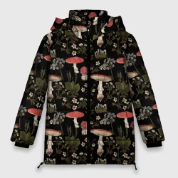 Женская зимняя куртка Oversize Мухоморы и яблоневые цветы