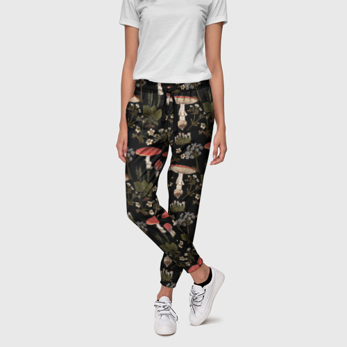 Женские брюки 3D с принтом Мухоморы и яблоневые цветы, фото на моделе #1