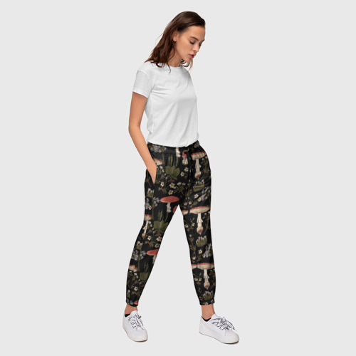 Женские брюки 3D с принтом Мухоморы и яблоневые цветы, вид сбоку #3