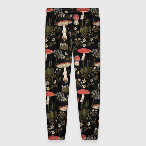 Женские брюки 3D с принтом Мухоморы и яблоневые цветы, вид сзади #1