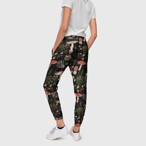 Женские брюки 3D с принтом Мухоморы и яблоневые цветы, вид сзади #2