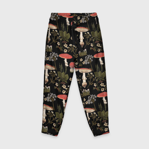 Детские брюки 3D с принтом Мухоморы и яблоневые цветы, вид спереди #2