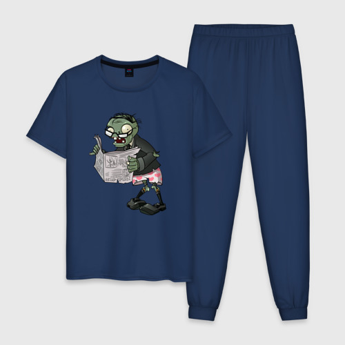 Мужская пижама хлопок Зомби с газетой, цвет темно-синий