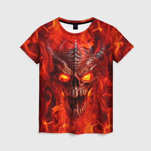 Женская футболка 3D с принтом Череп дракона в красном пламени, вид спереди #2