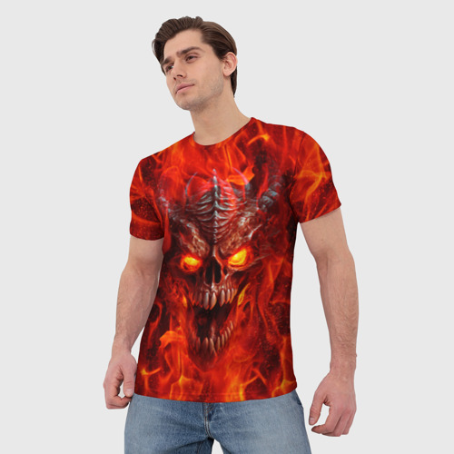 Мужская футболка 3D с принтом Череп дракона в красном пламени, фото на моделе #1