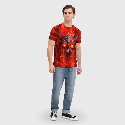 Мужская футболка 3D с принтом Череп дракона в красном пламени, вид сбоку #3