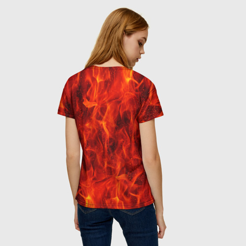 Женская футболка 3D с принтом Череп дракона в красном пламени, вид сзади #2