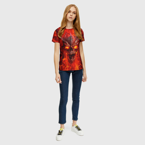 Женская футболка 3D с принтом Череп дракона в красном пламени, вид сбоку #3