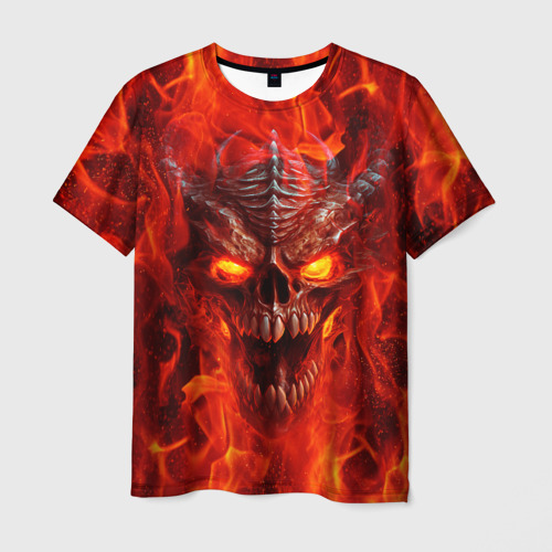 Мужская футболка 3D с принтом Череп дракона в красном пламени, вид спереди #2