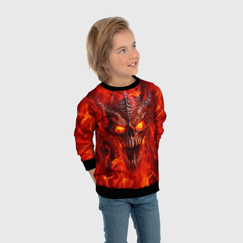 Детский свитшот 3D с принтом Череп дракона в красном пламени, вид сбоку #3