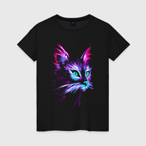 Светящаяся женская футболка с принтом Неоновый кот, вид спереди №1