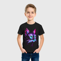 Светящаяся футболка с принтом Неоновый кот для любого человека, вид спереди №2. Цвет основы: черный