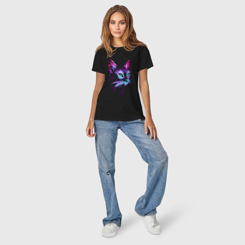 Светящаяся женская футболка с принтом Неоновый кот, вид сбоку #3