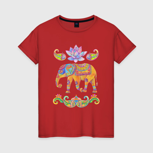 Женская футболка хлопок Индийский слон батик, цвет красный