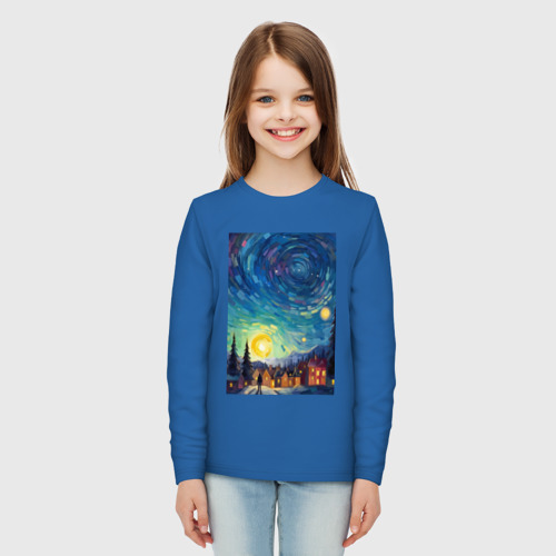 Детский лонгслив хлопок с принтом Ночной пейзаж в стиле Ван Гога, вид сбоку #3