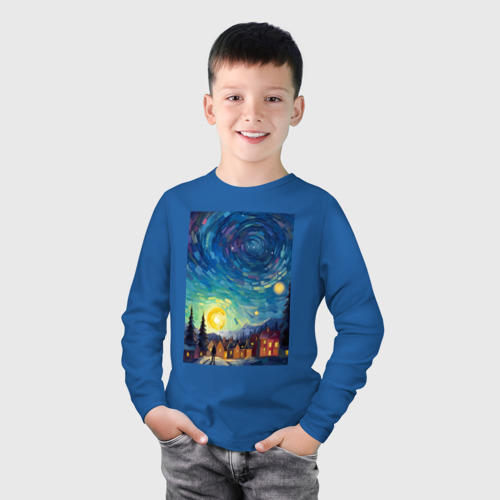 Детский лонгслив хлопок с принтом Ночной пейзаж в стиле Ван Гога, фото на моделе #1