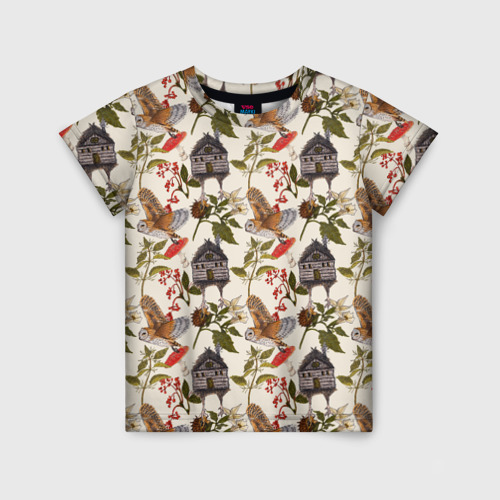 Детская футболка 3D с принтом Избушки и совы сипухи, вид спереди #2