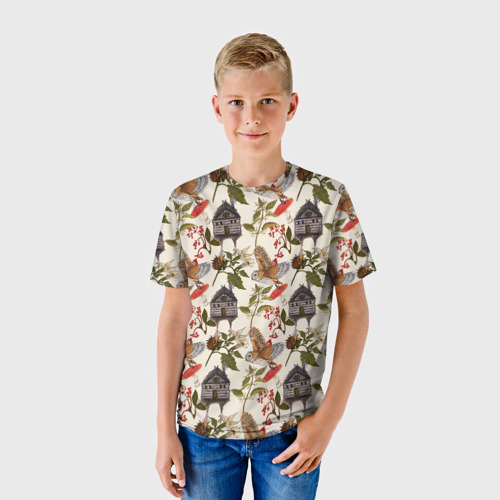 Детская футболка 3D с принтом Избушки и совы сипухи, фото на моделе #1