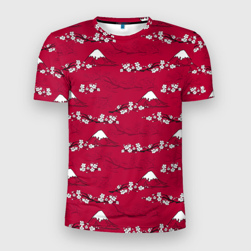 Мужская футболка 3D Slim с принтом Японский паттерн - цветение сакуры, вид спереди #2