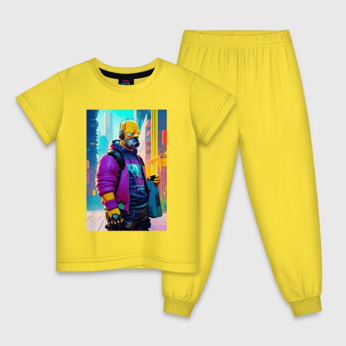 Детская пижама хлопок с принтом Homer Simpson - city - cyberpunk, вид спереди #2