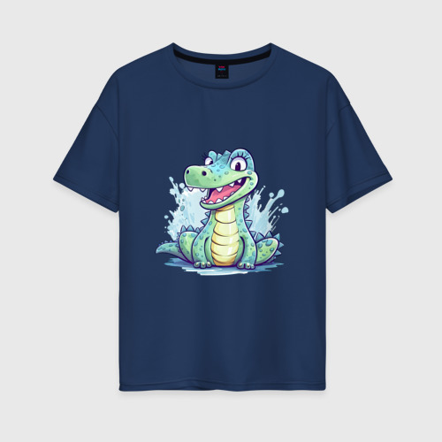 Женская футболка хлопок Oversize Крокодил в луже, цвет темно-синий