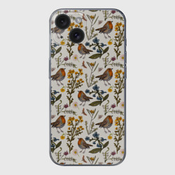 Чехол для iPhone 15 силиконовый с защитой камеры Птицы малиновки и зверобой