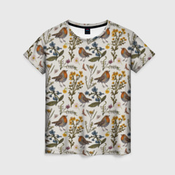 Женская футболка 3D Птицы малиновки и зверобой
