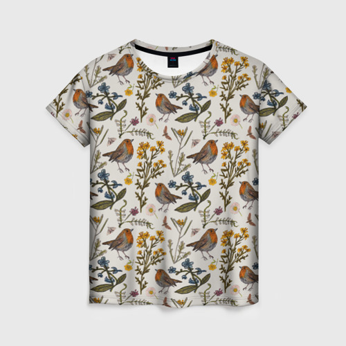 Женская футболка с принтом Птицы малиновки и зверобой, вид спереди №1
