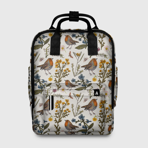 Женский рюкзак 3D с принтом Птицы малиновки и зверобой, вид спереди #2