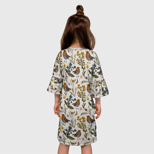 Детское платье 3D с принтом Птицы малиновки и зверобой, вид сзади #2
