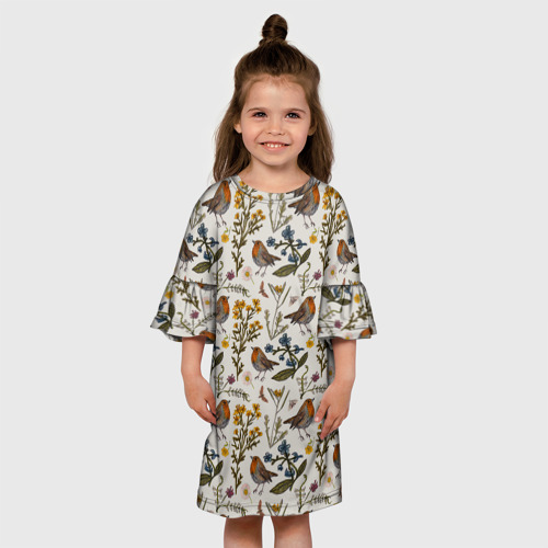 Детское платье 3D с принтом Птицы малиновки и зверобой, вид сбоку #3