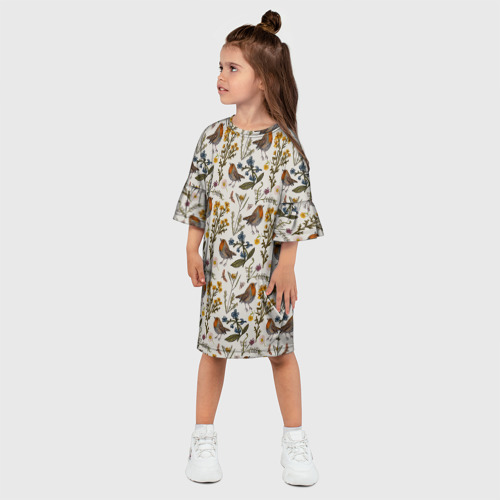 Детское платье 3D с принтом Птицы малиновки и зверобой, фото на моделе #1