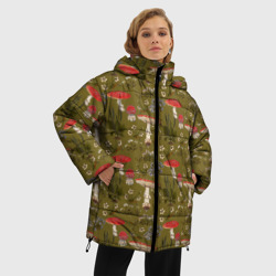 Женская зимняя куртка Oversize Мухоморы и цветы зеленый принт - фото 2