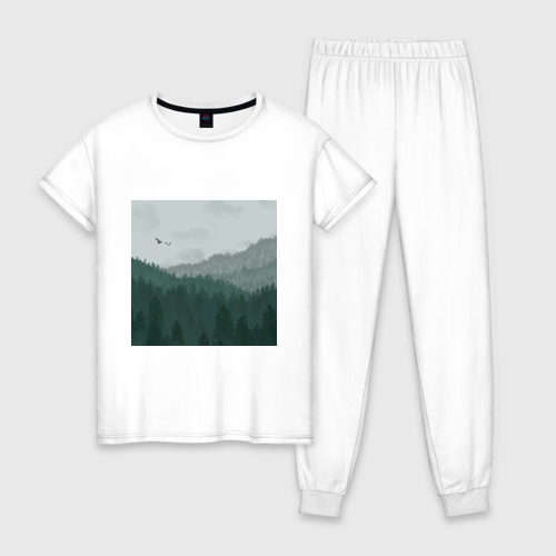 Женская пижама хлопок Туманные холмы и лес, цвет белый