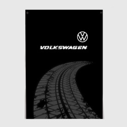 Постер Volkswagen Speed на темном фоне со следами шин: символ сверху