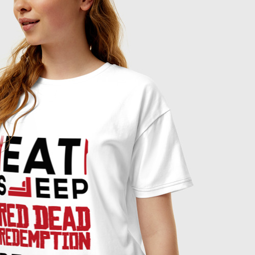 Женская футболка хлопок Oversize Надпись: eat sleep Red Dead Redemption repeat, цвет белый - фото 3